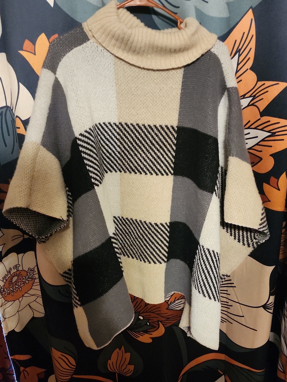 SHEIN Plaid Cowl Neck Poncho Sweater - Cream, Gray & Black